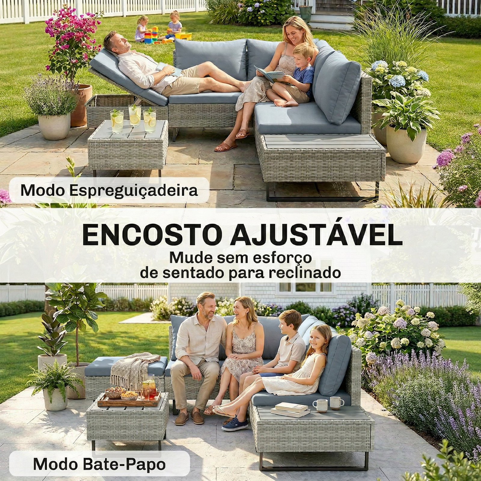 Conjunto de jardim em vime PE de 3 peças com encosto ajustável sofá de 3 lugares sofá de 2 lugares e mesa cinzento