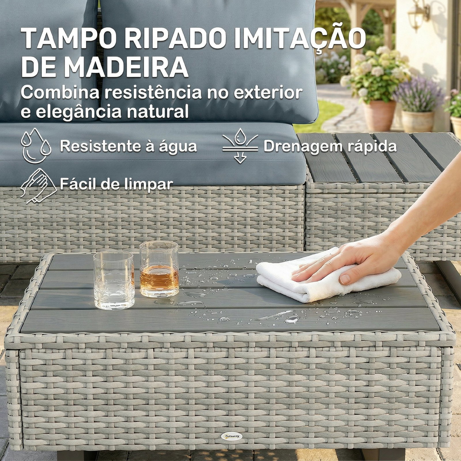 Conjunto de jardim em vime PE de 3 peças com encosto ajustável sofá de 3 lugares sofá de 2 lugares e mesa cinzento