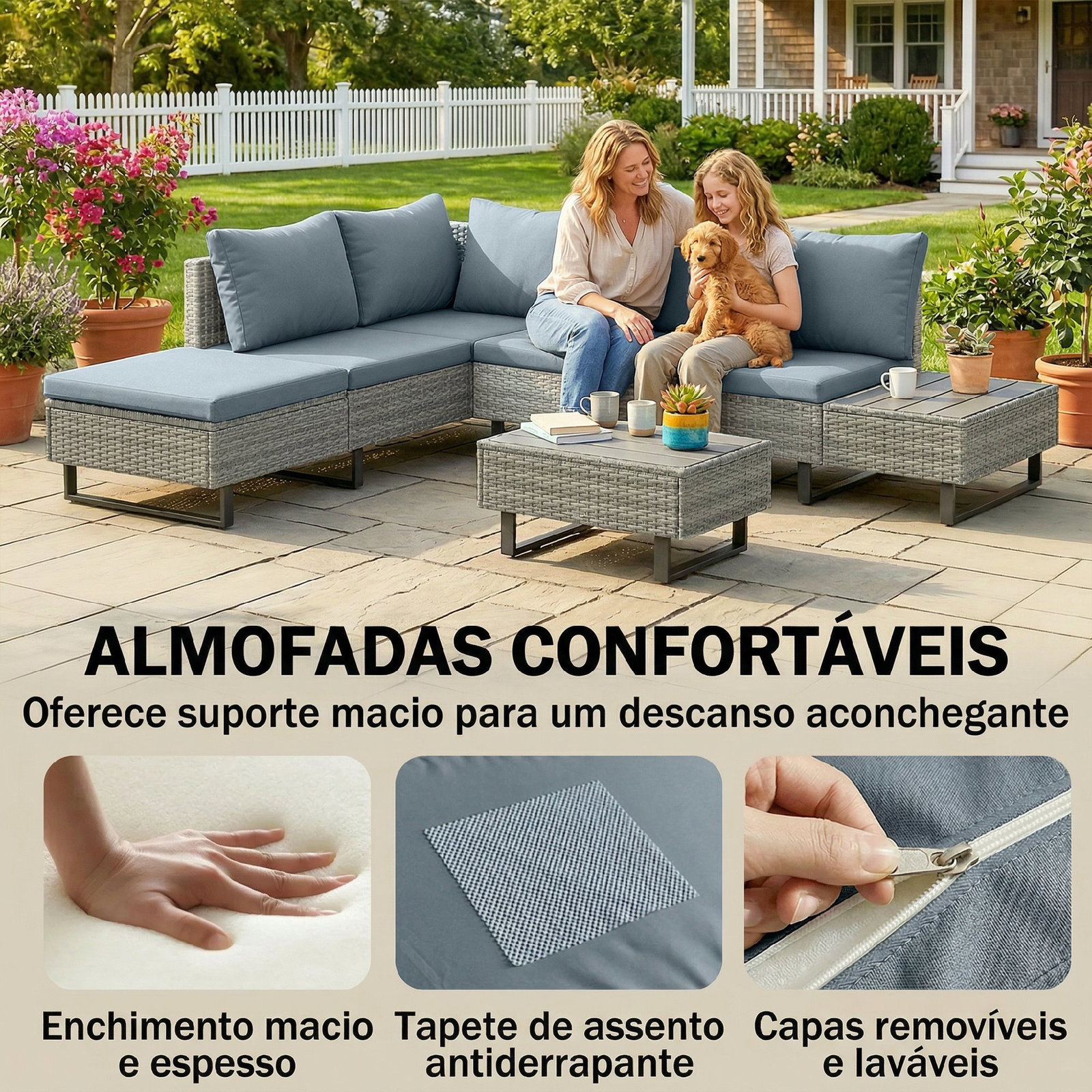 Conjunto de jardim em vime PE de 3 peças com encosto ajustável sofá de 3 lugares sofá de 2 lugares e mesa cinzento