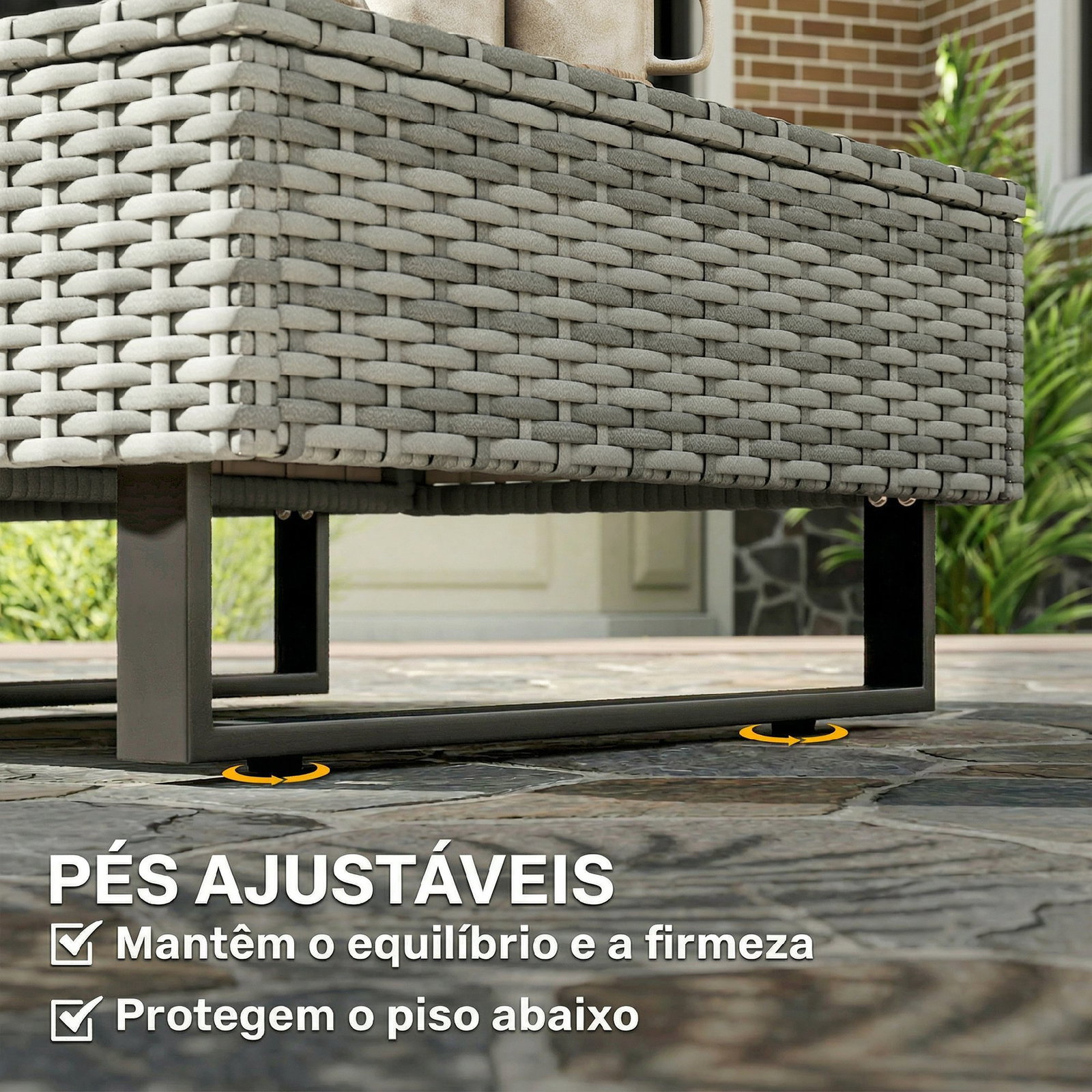 Conjunto de jardim em vime PE de 3 peças com encosto ajustável sofá de 3 lugares sofá de 2 lugares e mesa cinzento
