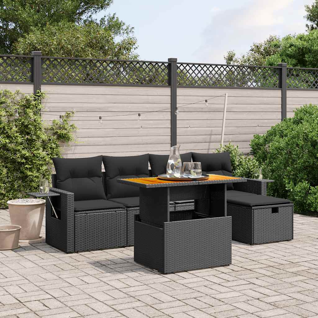 6 Pcs conjunto sofás de jardim c/ almofadões vime PE preto