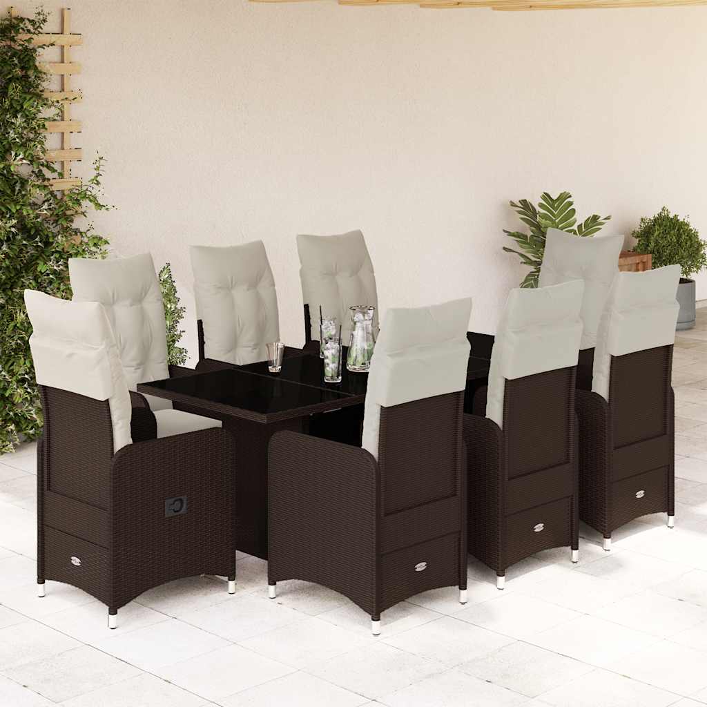 9 Pcs conjunto bistrô de jardim c/ almofadões vime PE castanho
