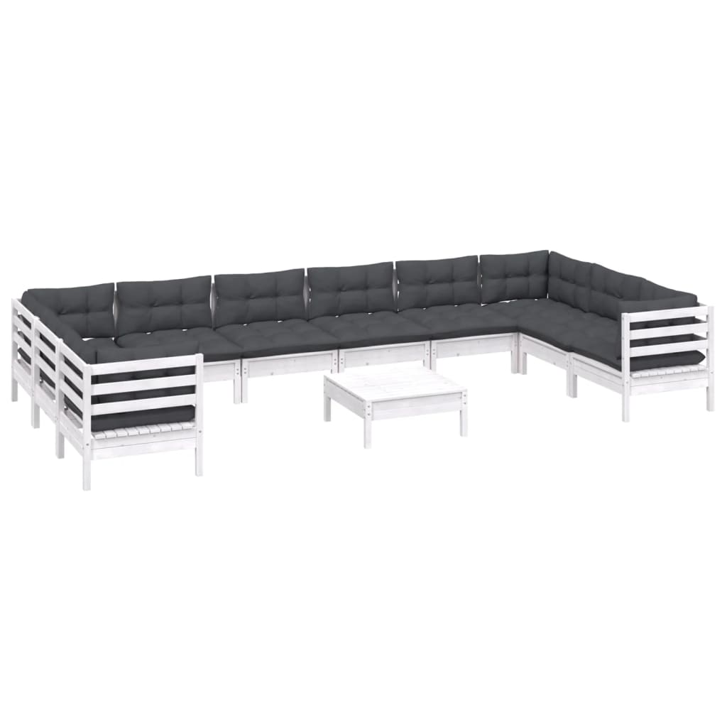 11 Pcs conjunto lounge de jardim c/ almofadões pinho branco