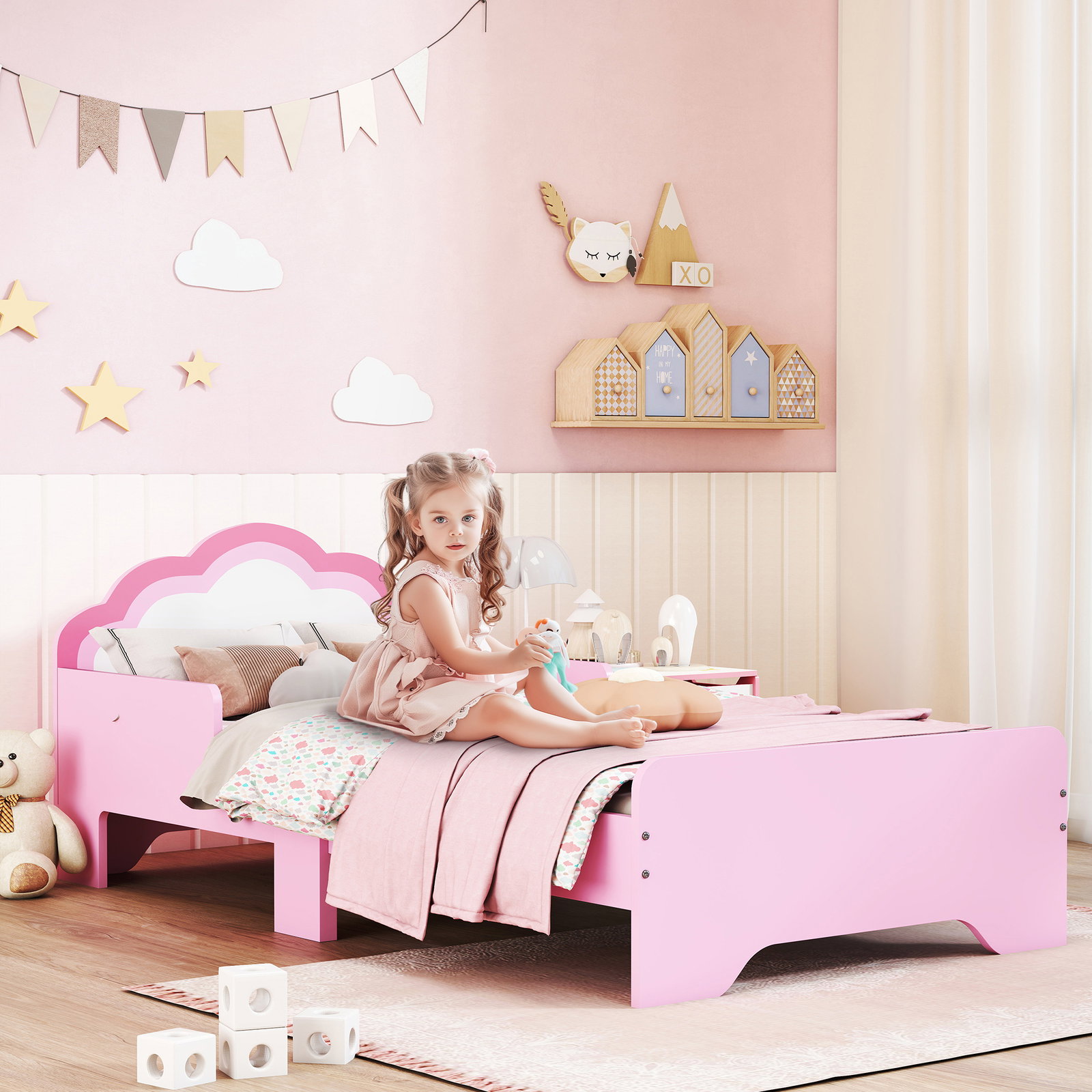 Cama para crianças 70x140 cm com barreira antiqueda e estrado cama infantil com cabeceira em forma de nuvem rosa