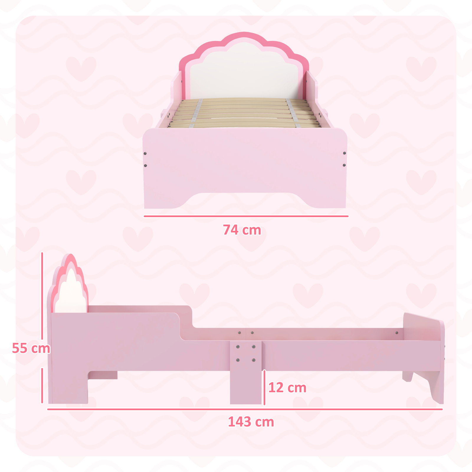 Cama para crianças 70x140 cm com barreira antiqueda e estrado cama infantil com cabeceira em forma de nuvem rosa
