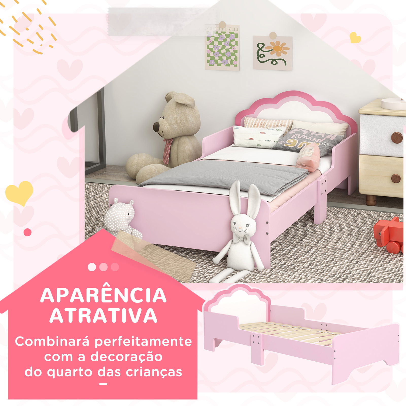 Cama para crianças 70x140 cm com barreira antiqueda e estrado cama infantil com cabeceira em forma de nuvem rosa