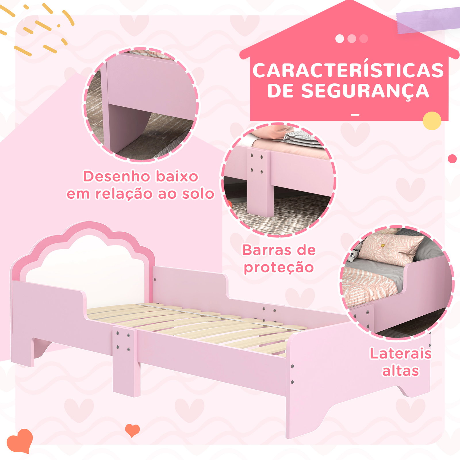 Cama para crianças 70x140 cm com barreira antiqueda e estrado cama infantil com cabeceira em forma de nuvem rosa