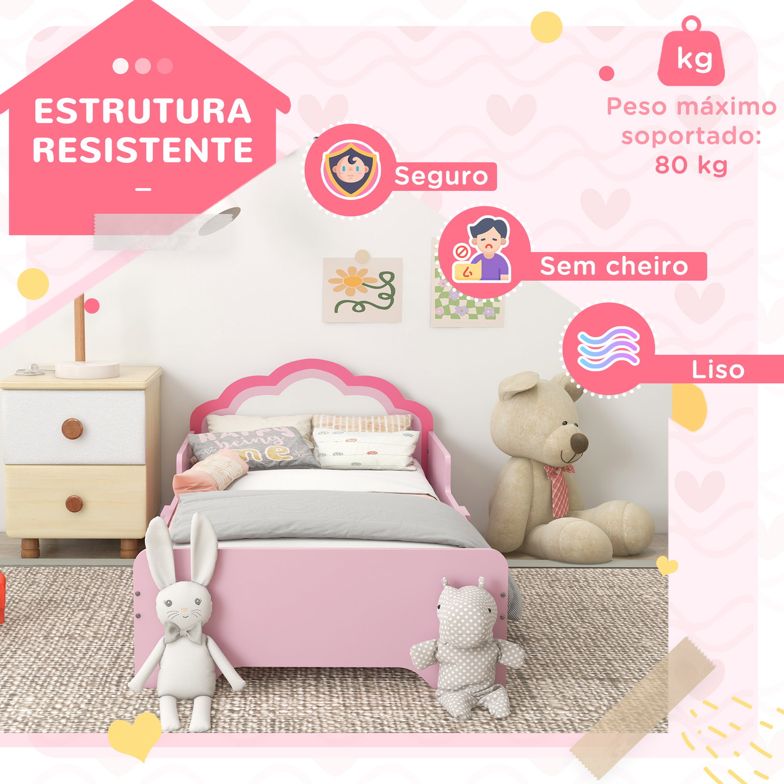 Cama para crianças 70x140 cm com barreira antiqueda e estrado cama infantil com cabeceira em forma de nuvem rosa