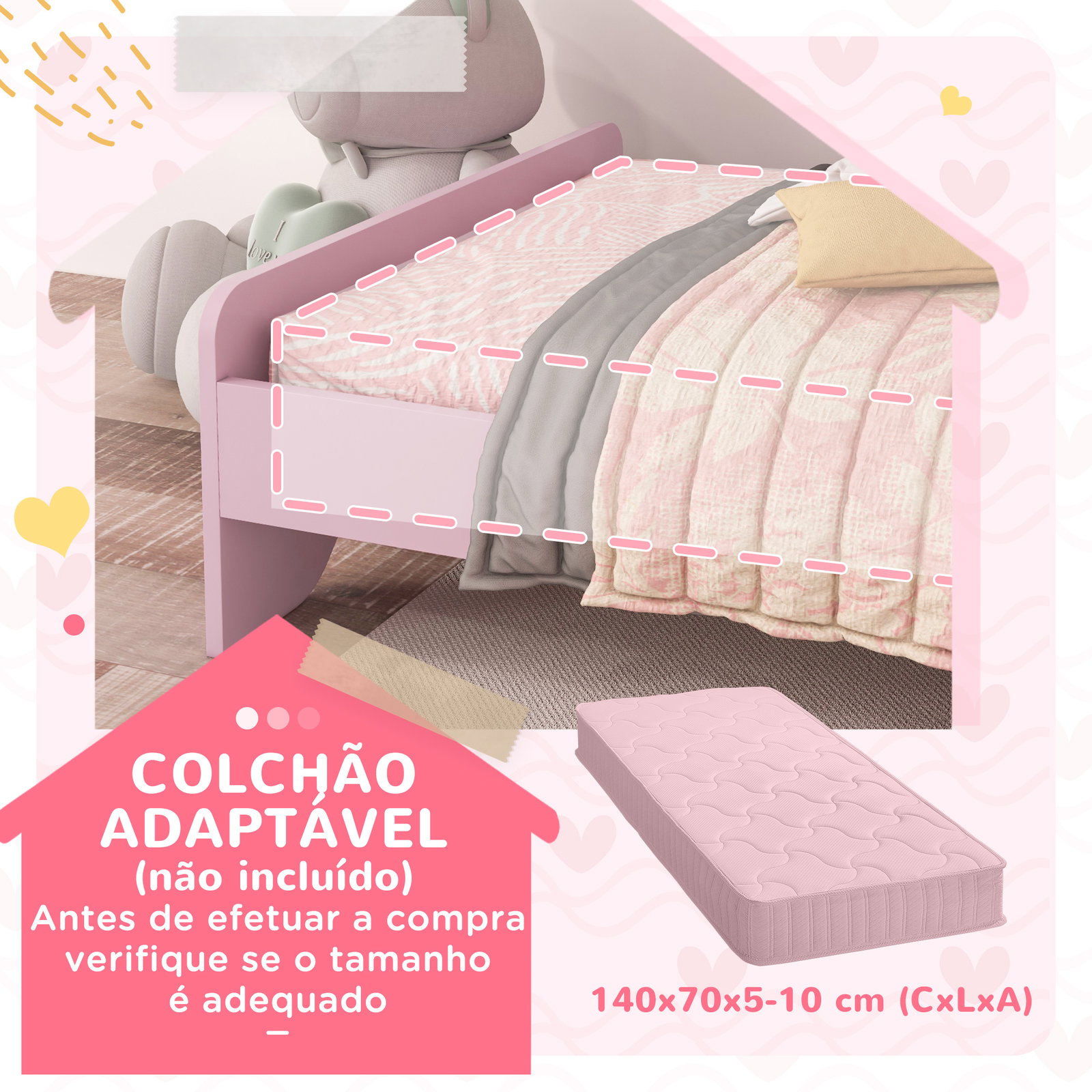 Cama para crianças 70x140 cm com barreira antiqueda e estrado cama infantil com cabeceira em forma de nuvem rosa