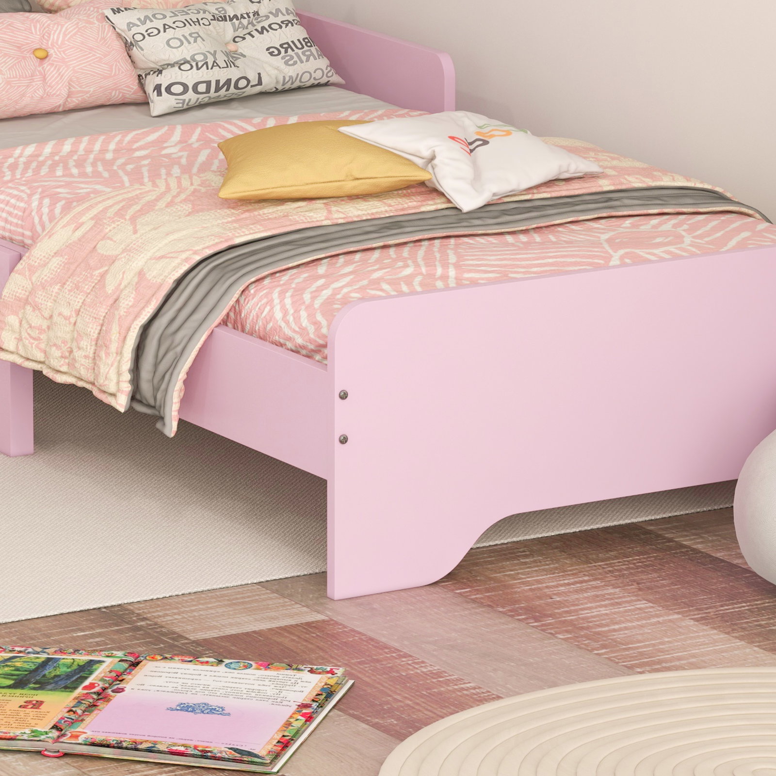Cama para crianças 70x140 cm com barreira antiqueda e estrado cama infantil com cabeceira em forma de nuvem rosa