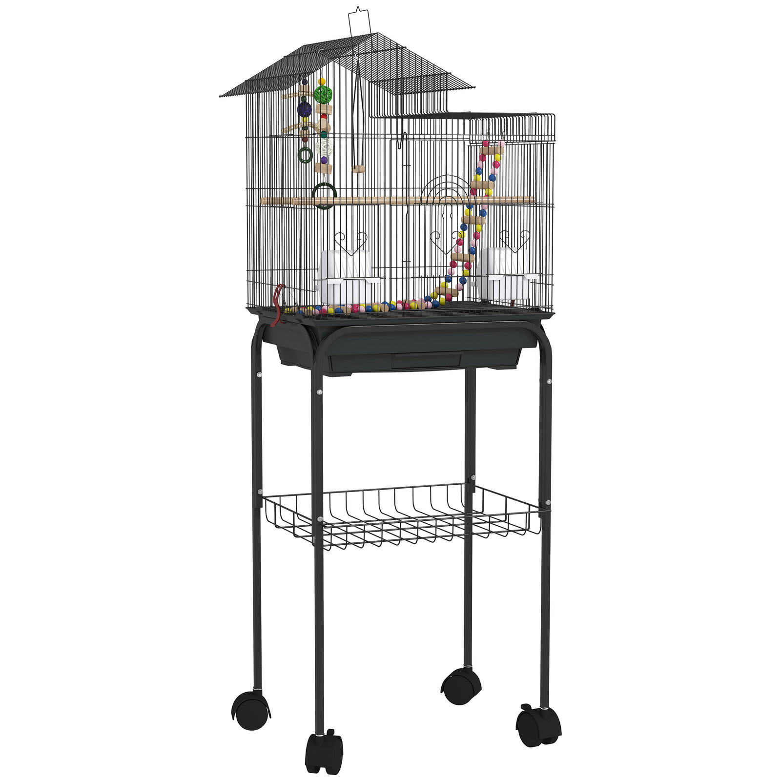 Gaiola para passáros gaiola de metal com portas 4 comedouros 3 poleiros baloiço escadas e bandeja removível 46x36x120 cm preto