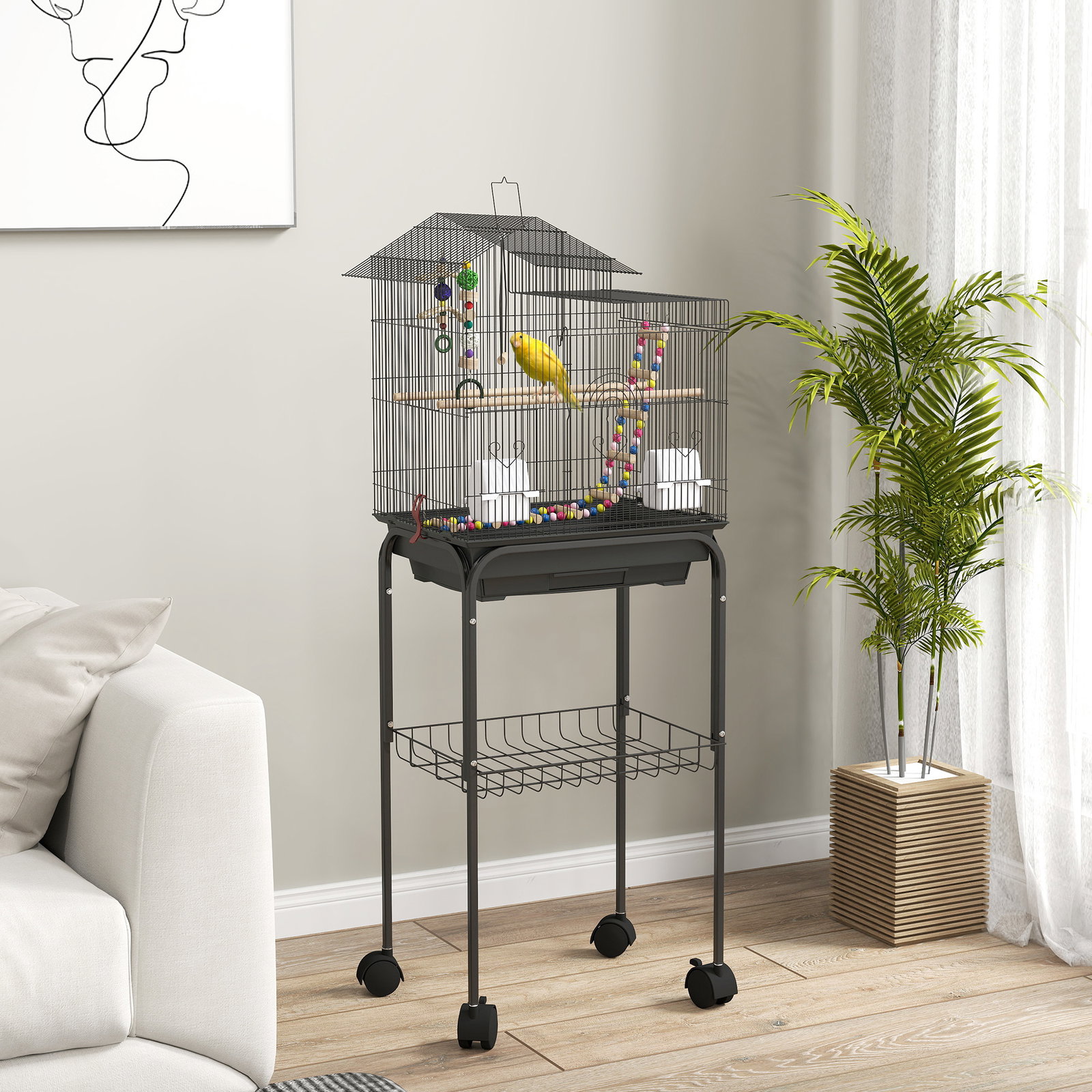 Gaiola para passáros gaiola de metal com portas 4 comedouros 3 poleiros baloiço escadas e bandeja removível 46x36x120 cm preto