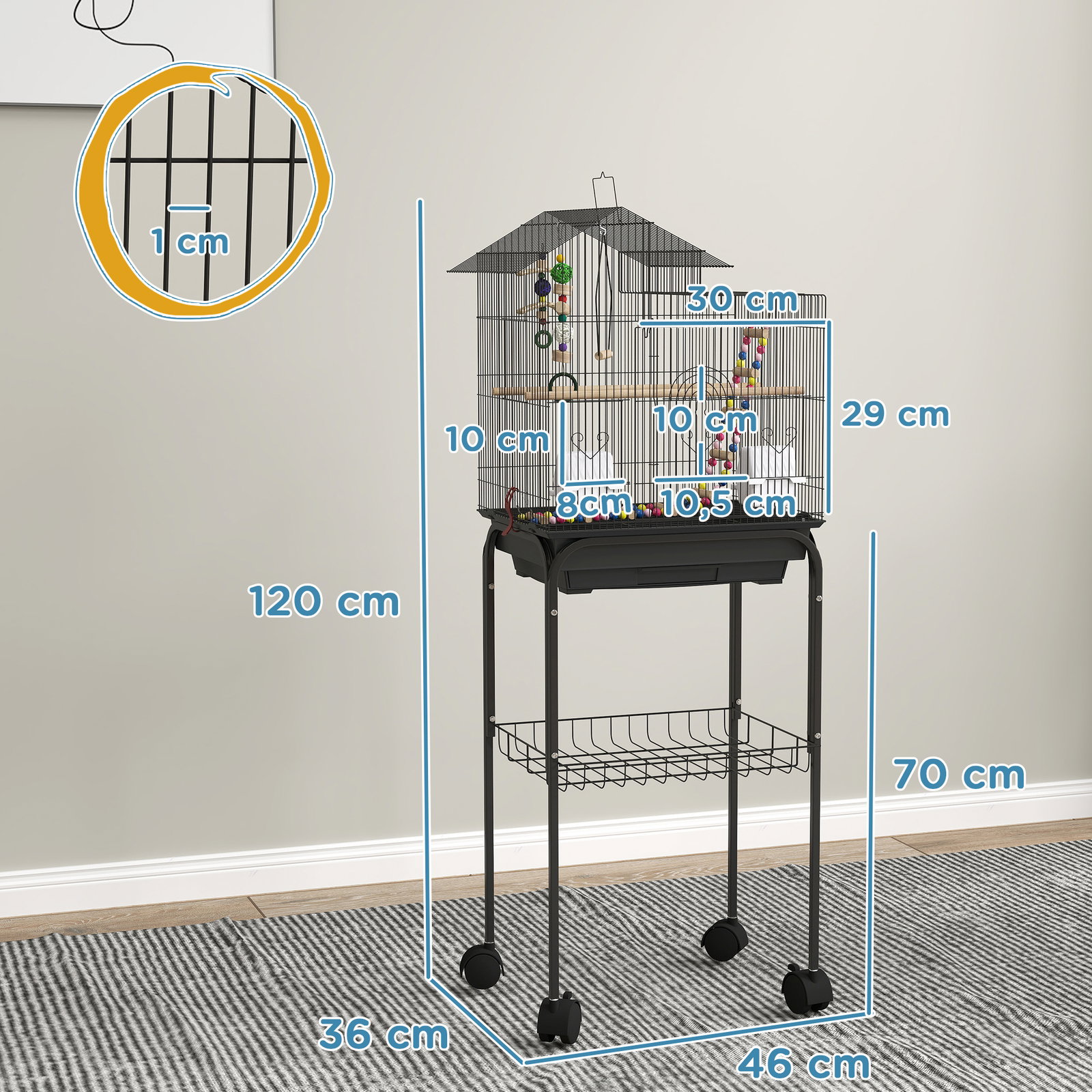 Gaiola para passáros gaiola de metal com portas 4 comedouros 3 poleiros baloiço escadas e bandeja removível 46x36x120 cm preto