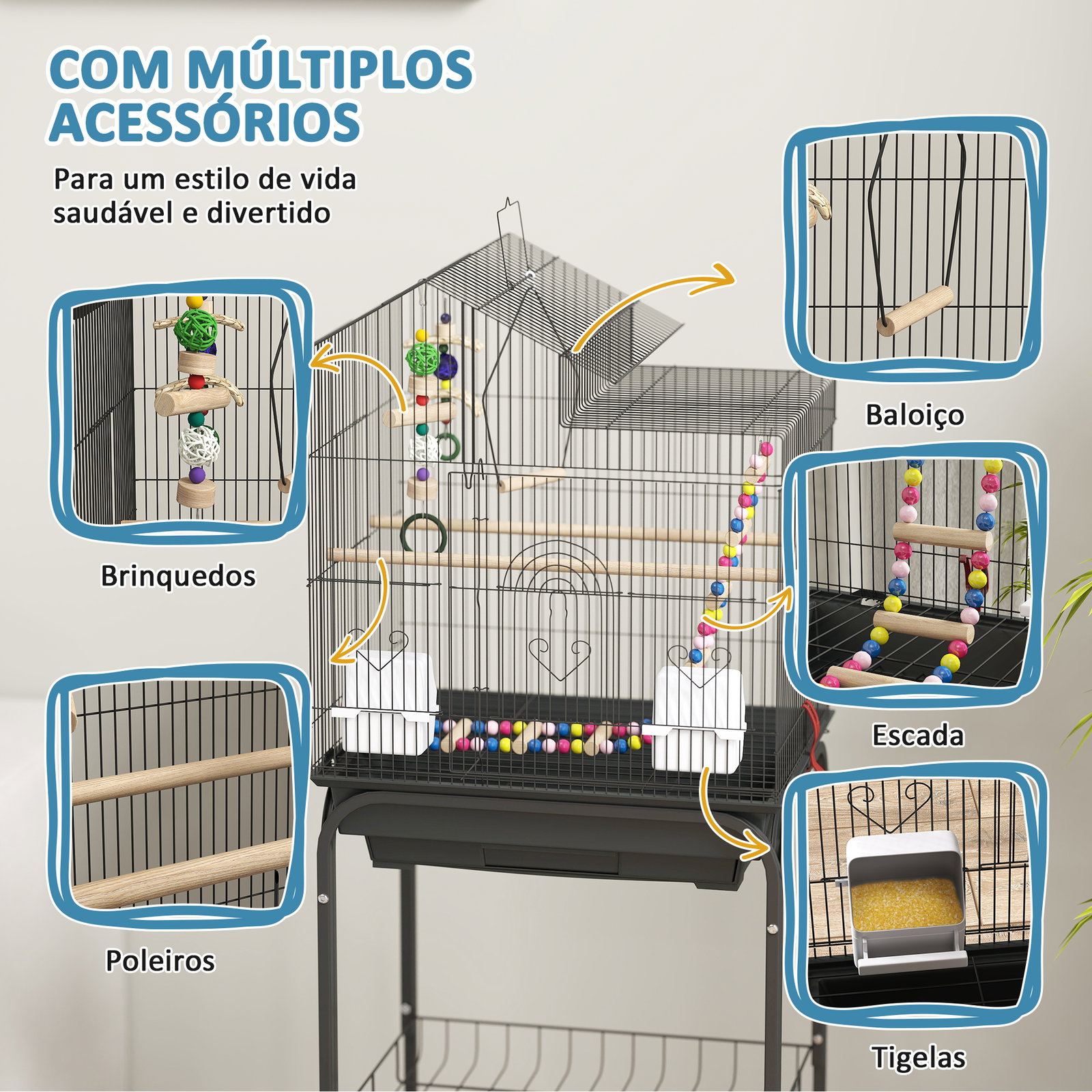 Gaiola para passáros gaiola de metal com portas 4 comedouros 3 poleiros baloiço escadas e bandeja removível 46x36x120 cm preto