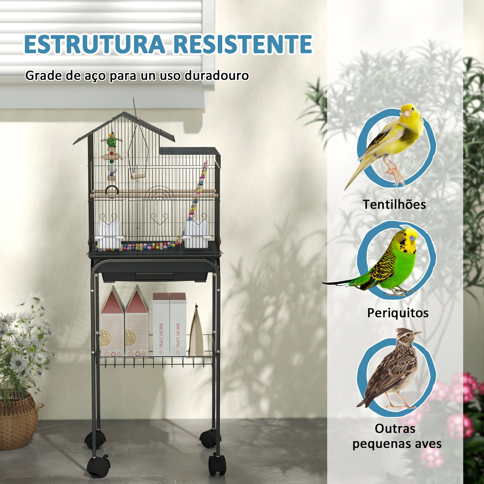 Gaiola para passáros gaiola de metal com portas 4 comedouros 3 poleiros baloiço escadas e bandeja removível 46x36x120 cm preto
