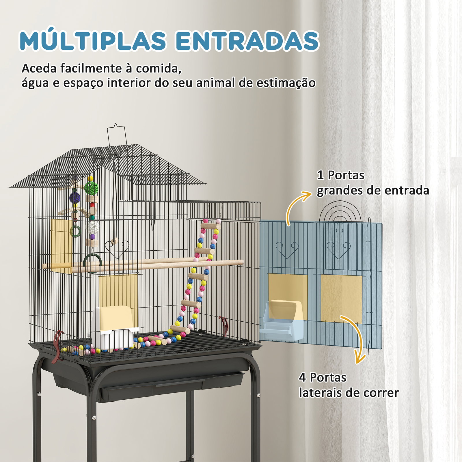 Gaiola para passáros gaiola de metal com portas 4 comedouros 3 poleiros baloiço escadas e bandeja removível 46x36x120 cm preto