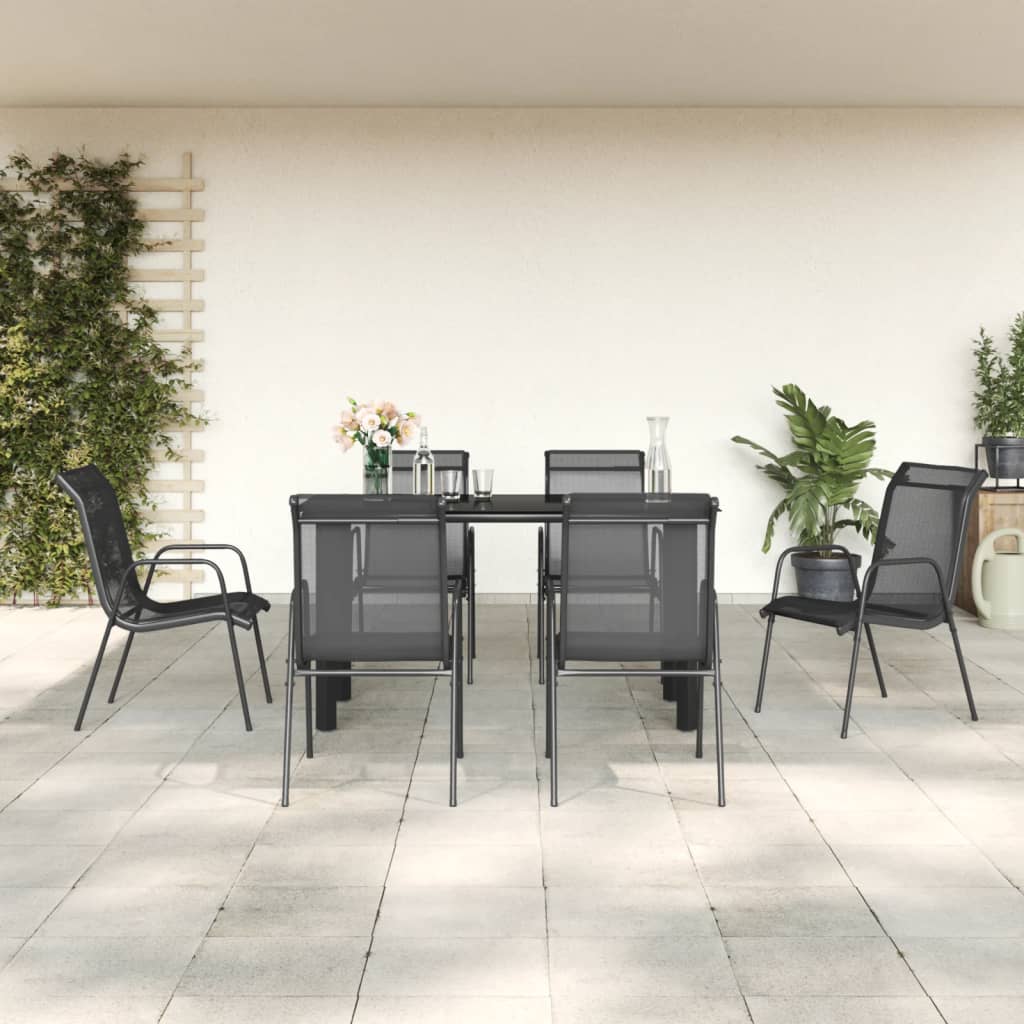 7 Pcs conjunto de jantar para jardim aço e textilene preto