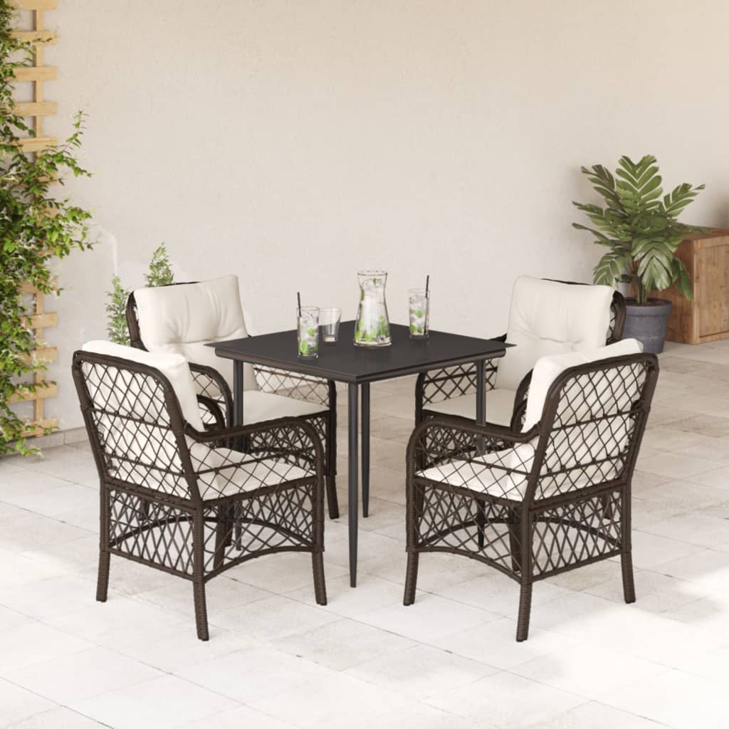 5 Pcs conjunto jantar p/ jardim c/ almofadões vime PE castanho