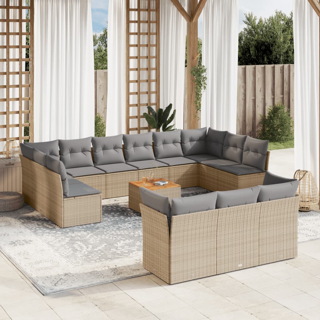 14 Pcs conj. sofás jardim c/ almofadões vime PE bege misturado