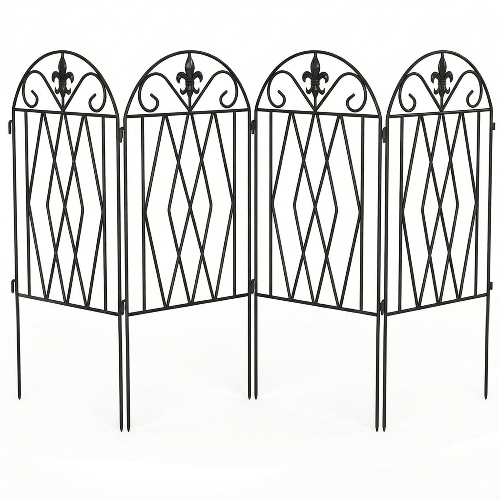 Conjunto de 4 cercas de jardim metálicas 125x56 cm com design arqueado resistentes e fáceis de instalar para pátio relvado preto