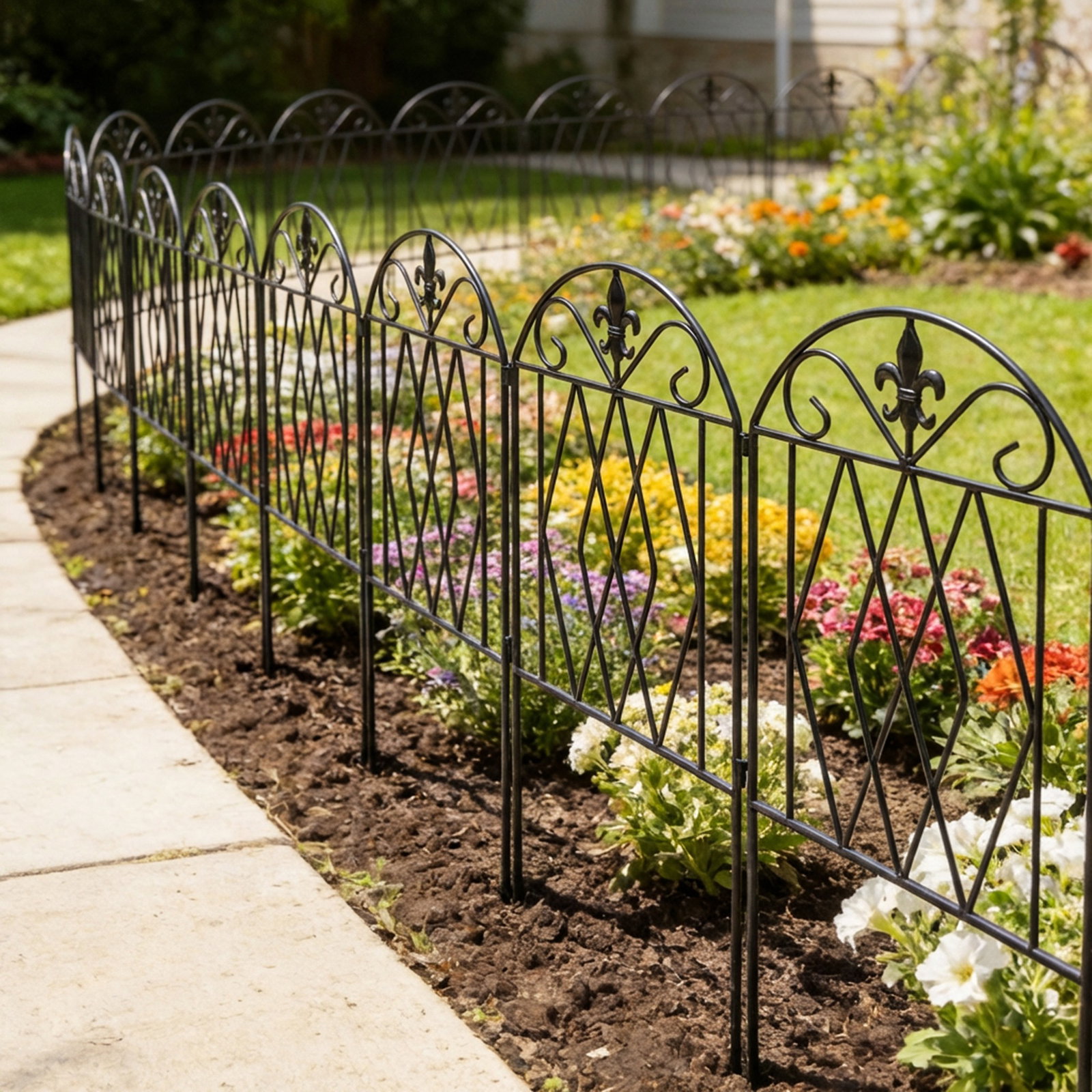 Conjunto de 4 cercas de jardim metálicas 125x56 cm com design arqueado resistentes e fáceis de instalar para pátio relvado preto