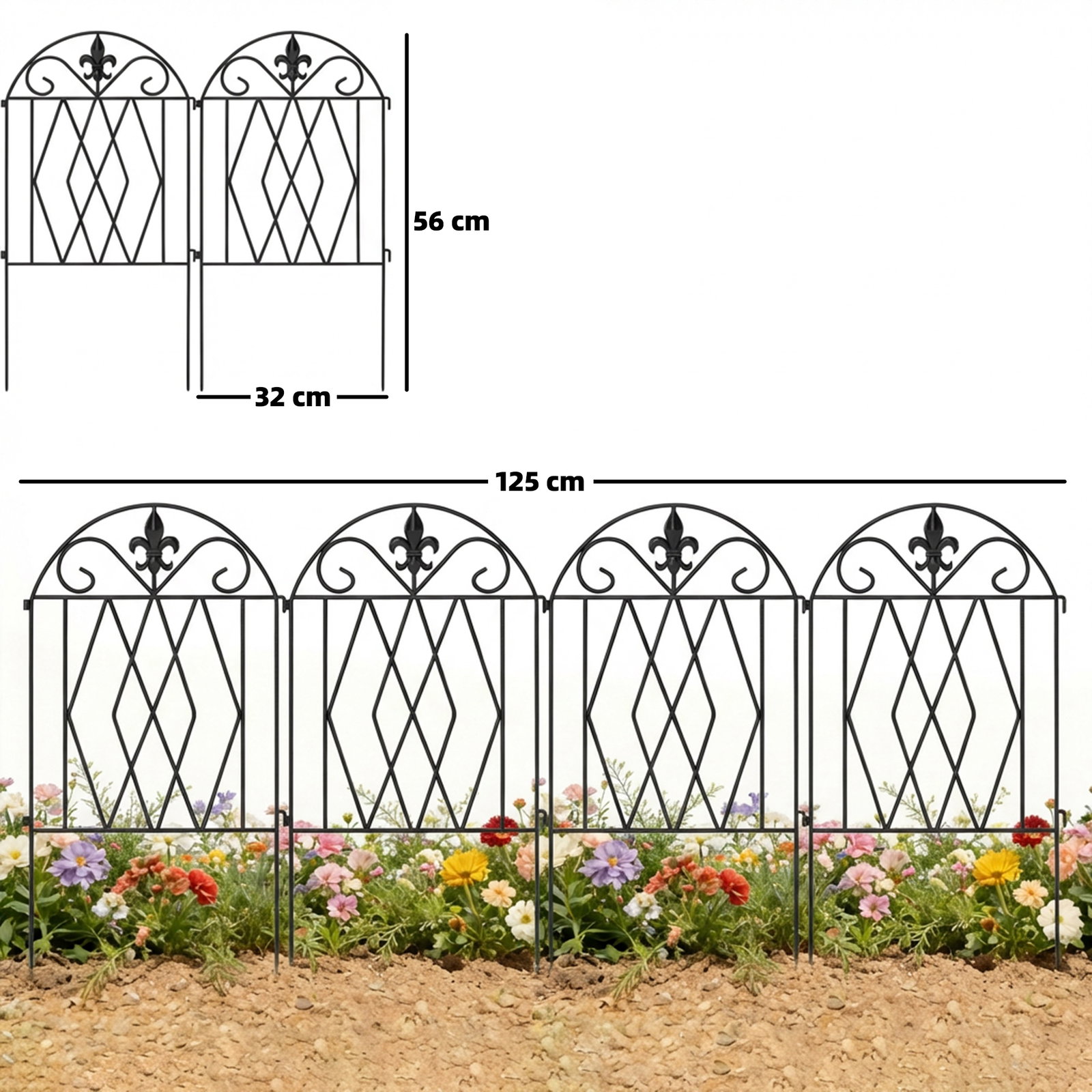 Conjunto de 4 cercas de jardim metálicas 125x56 cm com design arqueado resistentes e fáceis de instalar para pátio relvado preto