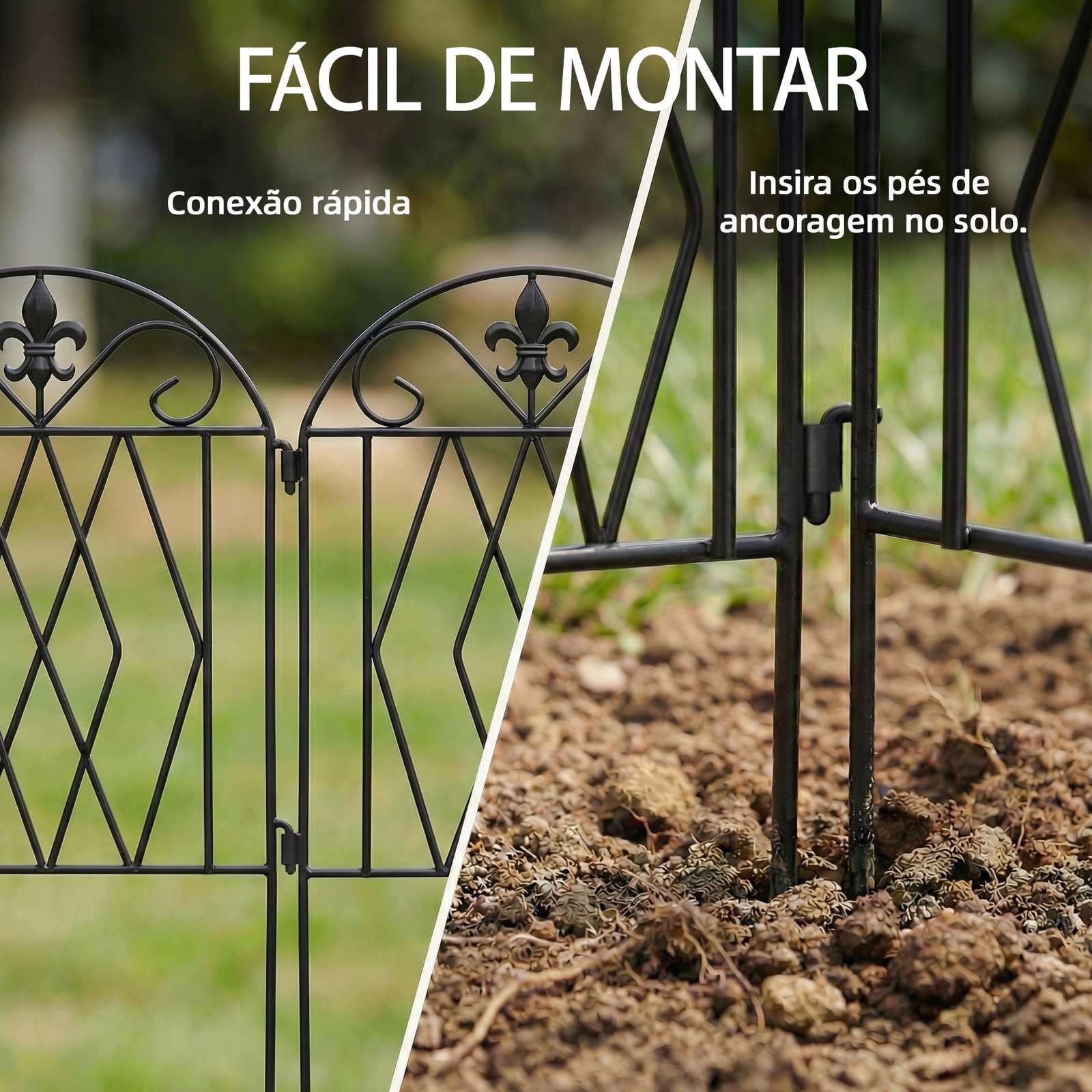 Conjunto de 4 cercas de jardim metálicas 125x56 cm com design arqueado resistentes e fáceis de instalar para pátio relvado preto