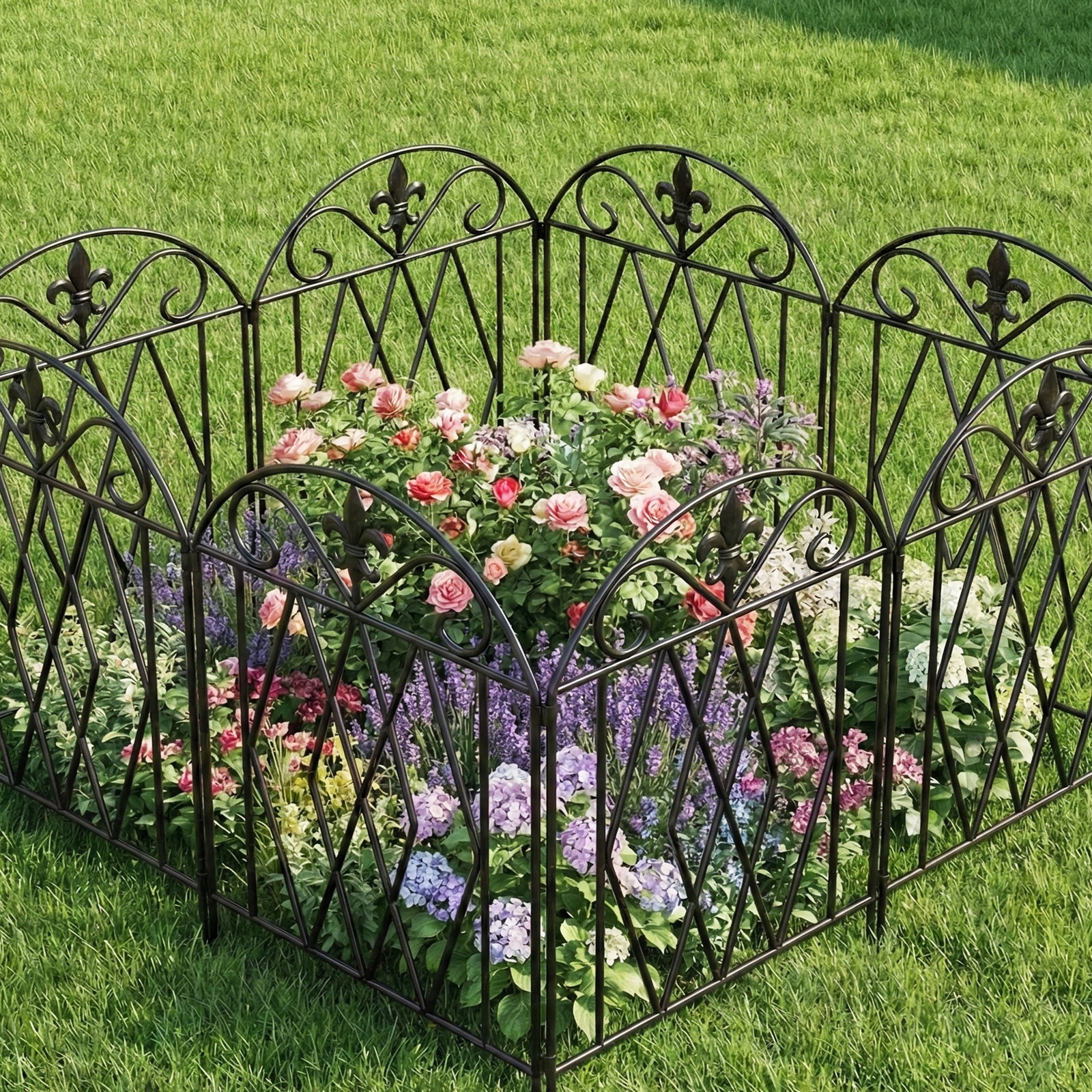 Conjunto de 4 cercas de jardim metálicas 125x56 cm com design arqueado resistentes e fáceis de instalar para pátio relvado preto