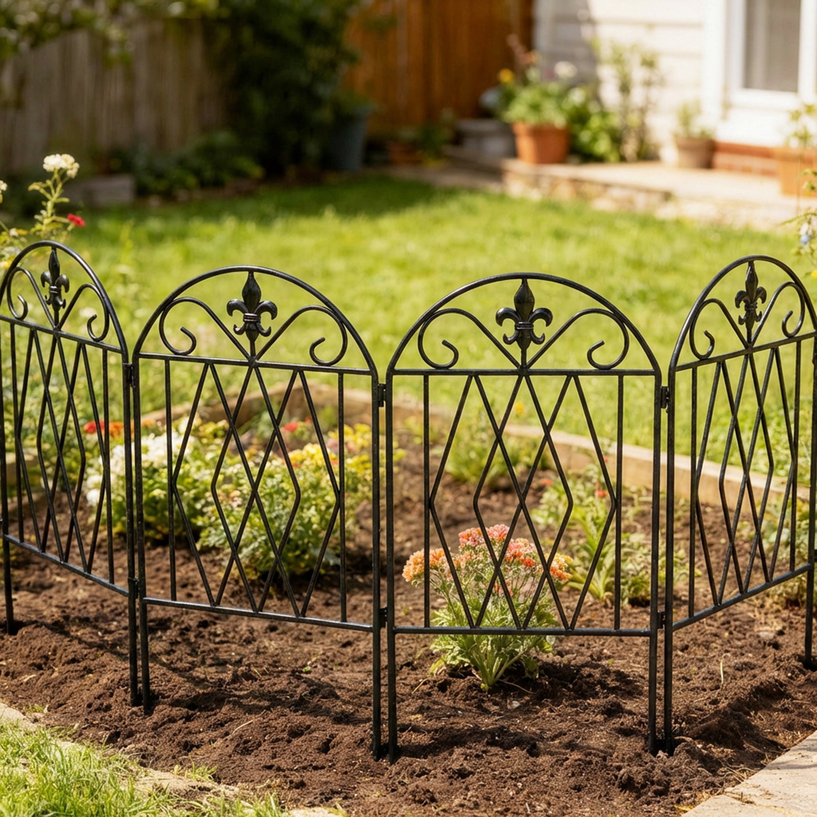 Conjunto de 4 cercas de jardim metálicas 125x56 cm com design arqueado resistentes e fáceis de instalar para pátio relvado preto