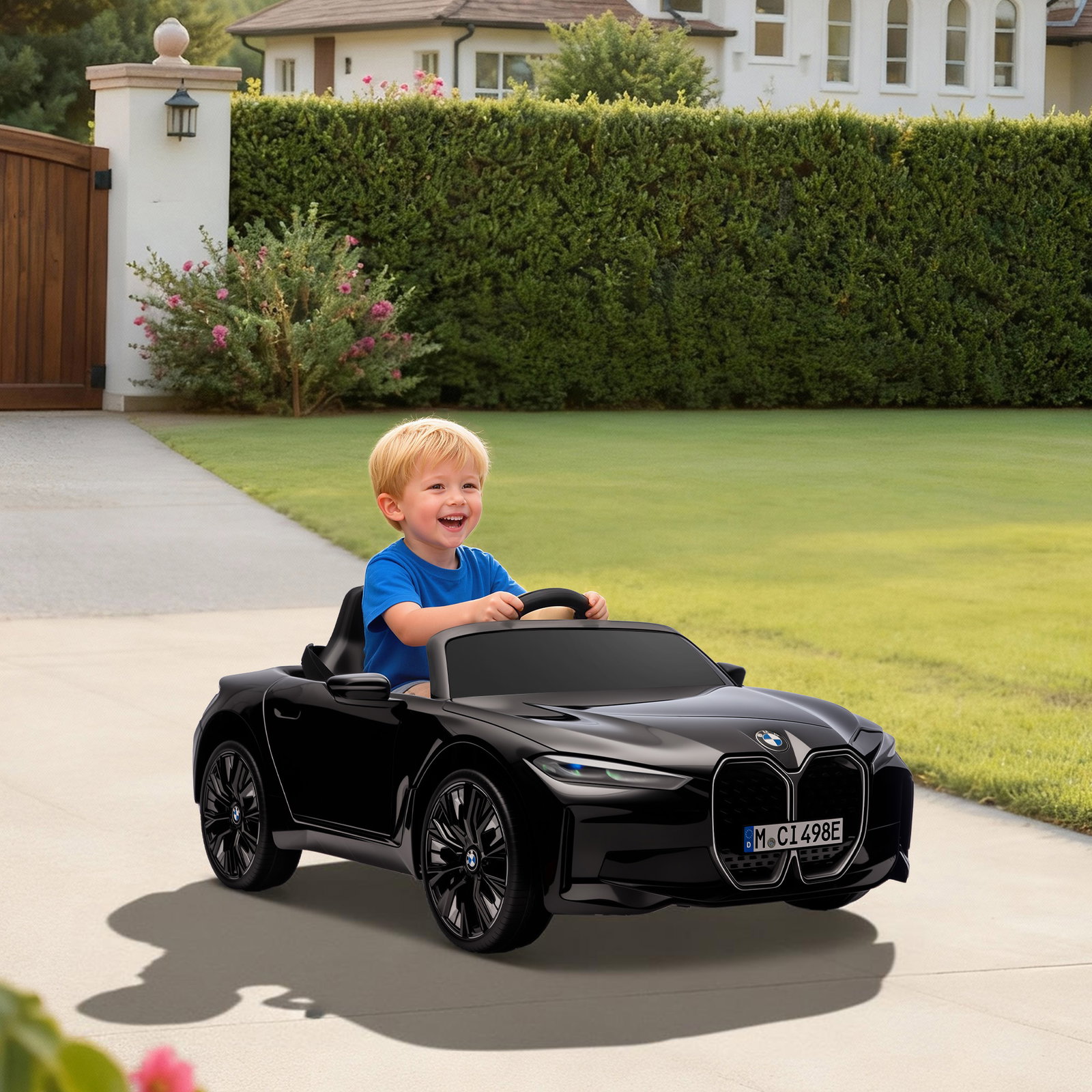 Carro elétrico para crianças bmw i4 12v com controlo remoto música mp3 ecrã luzes e cinto de segurança 115x67x45 cm preto