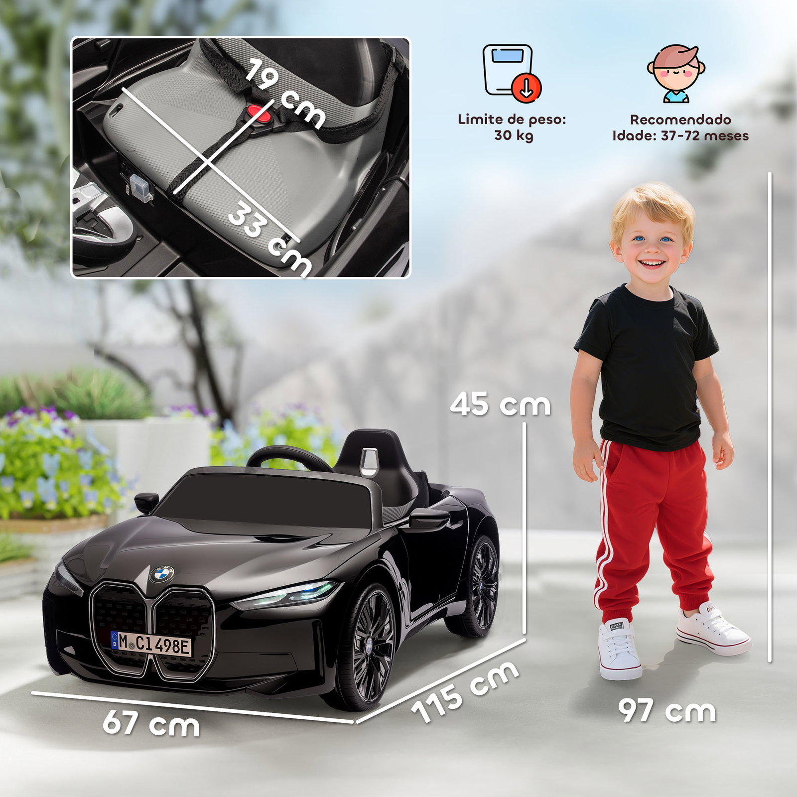 Carro elétrico para crianças bmw i4 12v com controlo remoto música mp3 ecrã luzes e cinto de segurança 115x67x45 cm preto