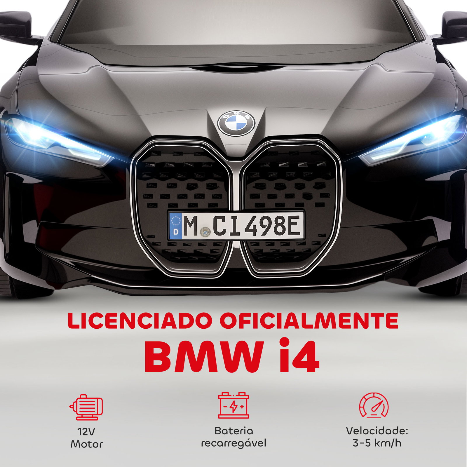 Carro elétrico para crianças bmw i4 12v com controlo remoto música mp3 ecrã luzes e cinto de segurança 115x67x45 cm preto