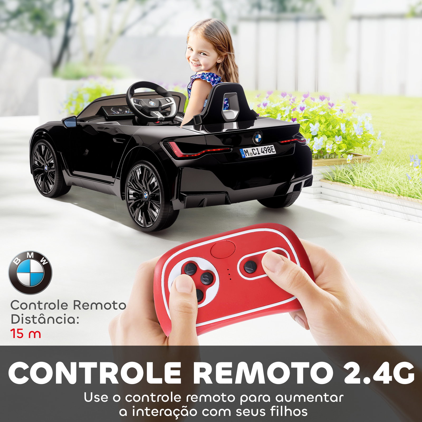 Carro elétrico para crianças bmw i4 12v com controlo remoto música mp3 ecrã luzes e cinto de segurança 115x67x45 cm preto