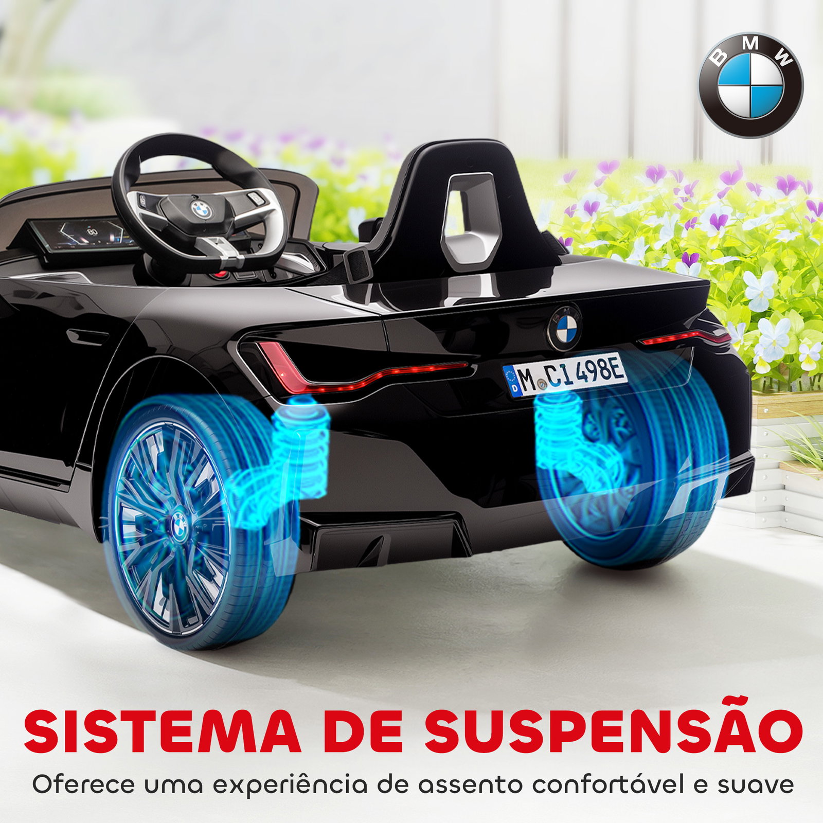 Carro elétrico para crianças bmw i4 12v com controlo remoto música mp3 ecrã luzes e cinto de segurança 115x67x45 cm preto