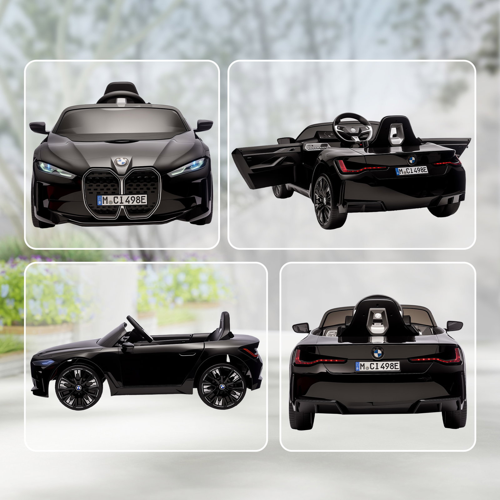 Carro elétrico para crianças bmw i4 12v com controlo remoto música mp3 ecrã luzes e cinto de segurança 115x67x45 cm preto