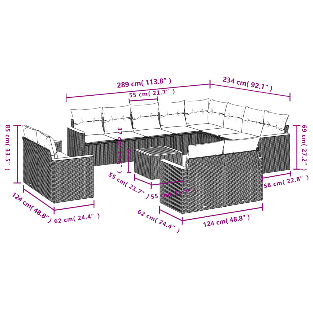 13 Pcs conjunto de sofás p/ jardim com almofadões vime PE bege