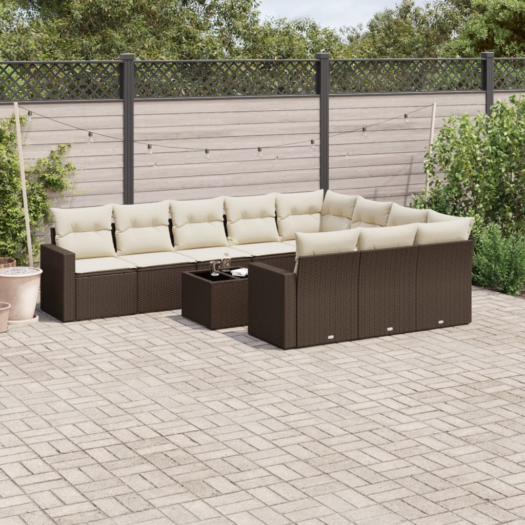 11 Pcs conjunto sofás de jardim c/ almofadões vime PE castanho