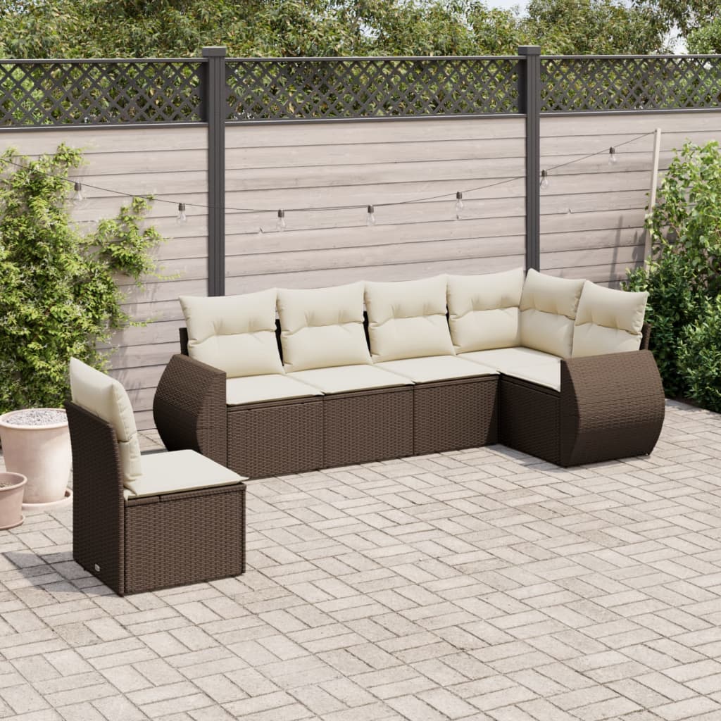 6 Pcs conjunto de sofás jardim c/ almofadões vime PE castanho