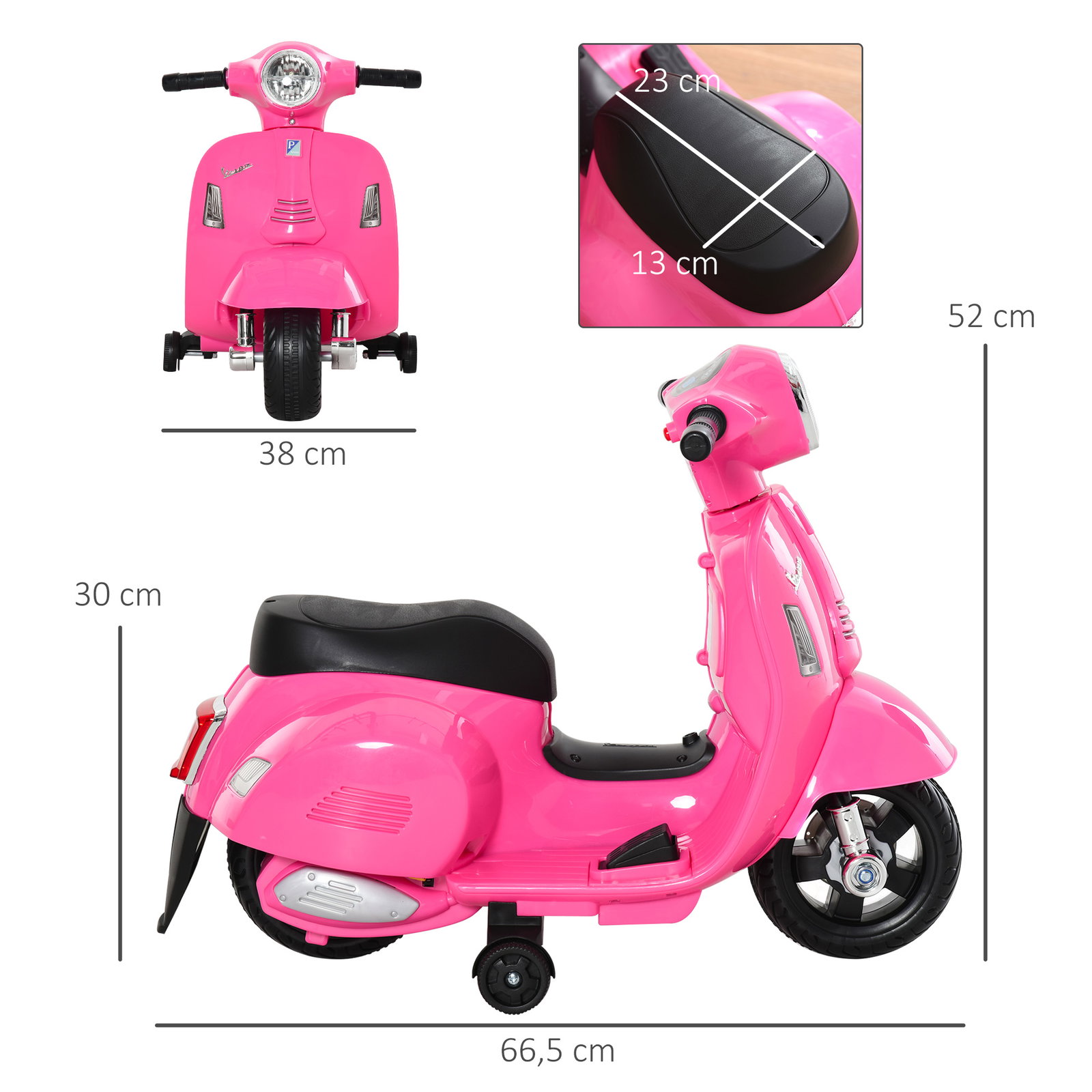Mota elétrica para crianças acima de 18 meses com licença faróis buzina e 4 rodas 66,5x38x52 cm Rosa