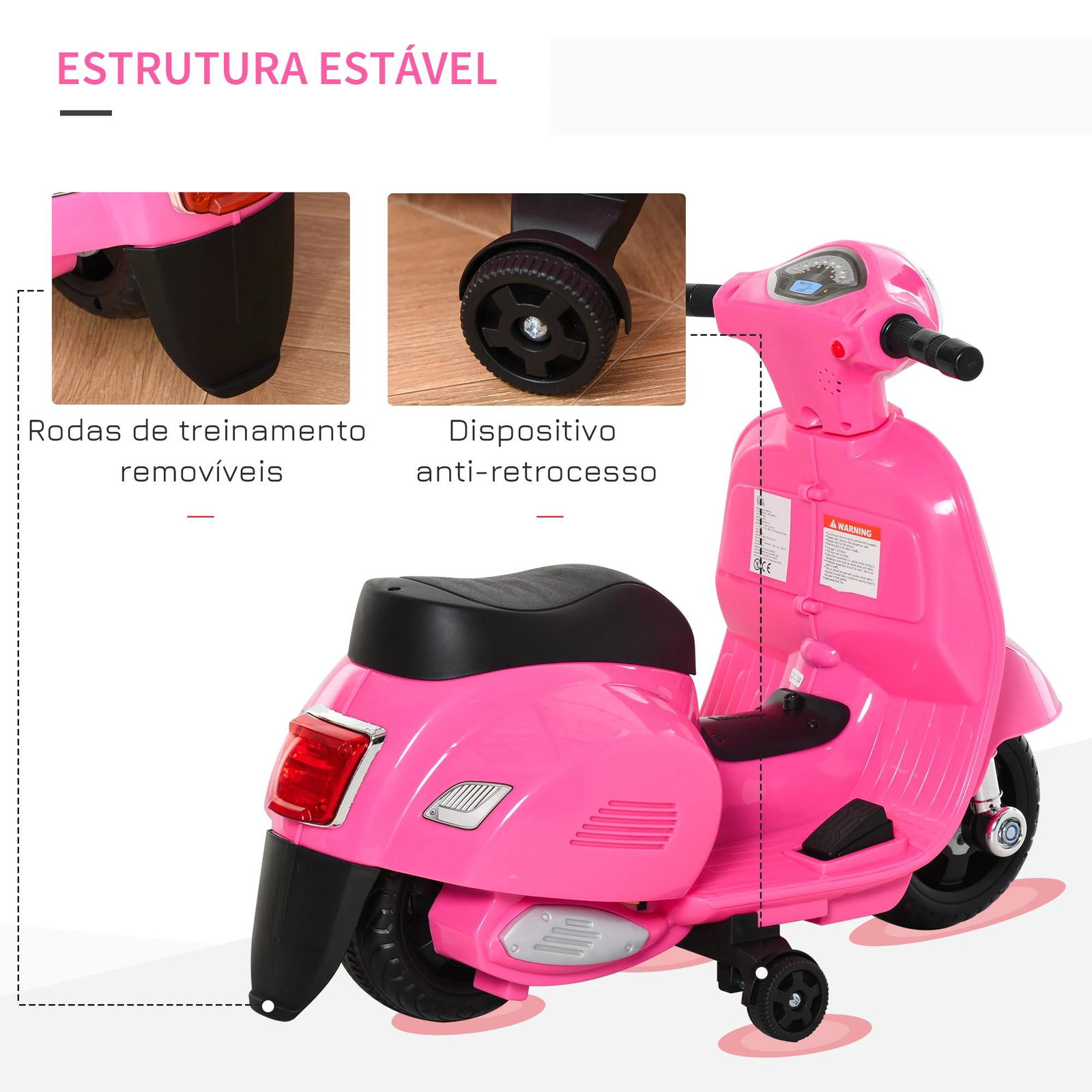 Mota elétrica para crianças acima de 18 meses com licença faróis buzina e 4 rodas 66,5x38x52 cm Rosa