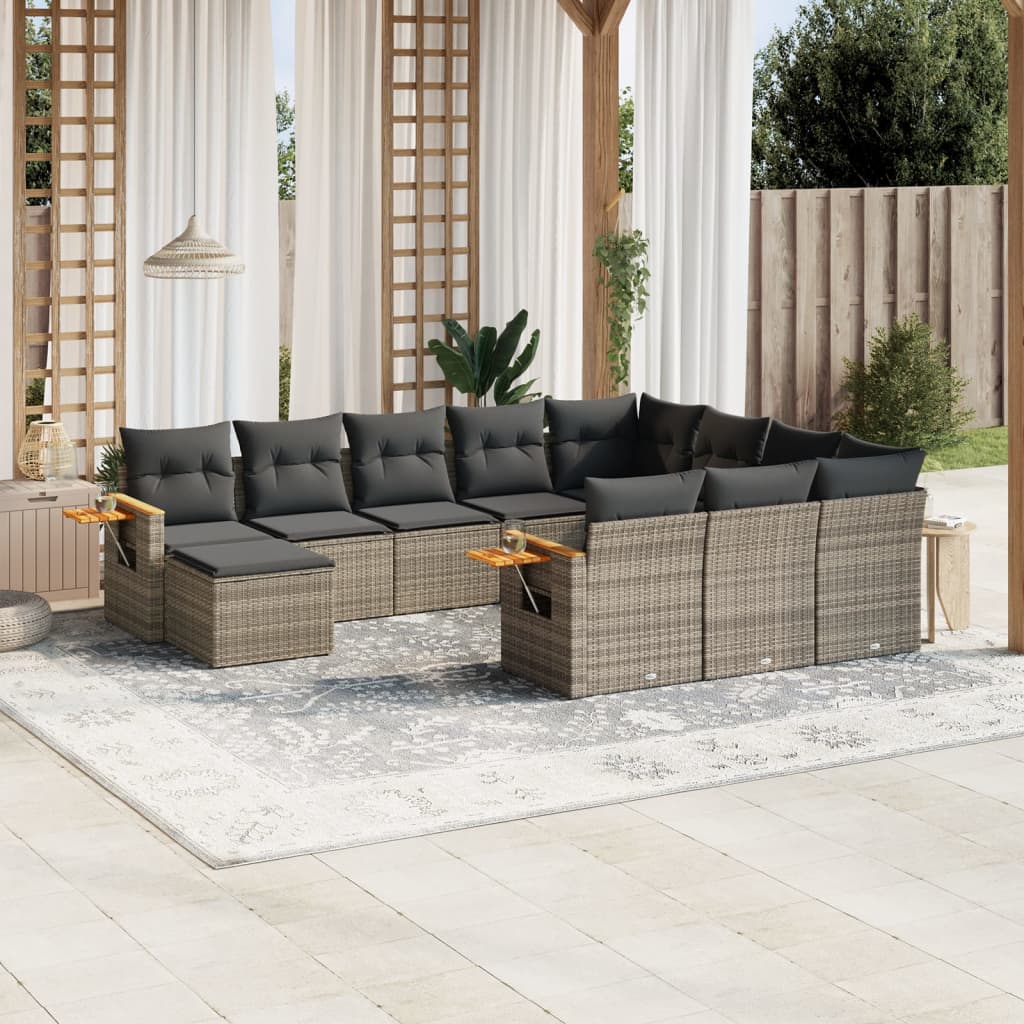 11 Pcs conjunto sofás de jardim c/ almofadões vime PE cinzento