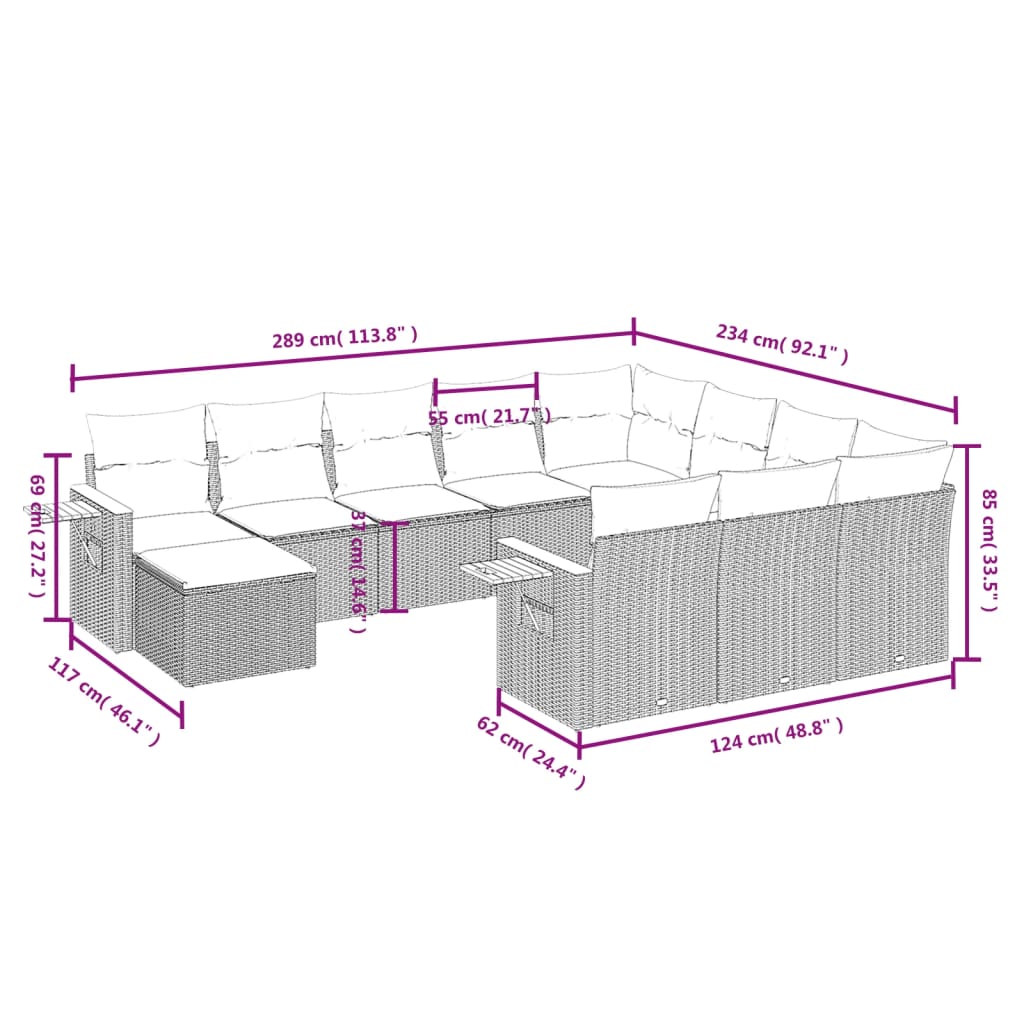 11 Pcs conjunto sofás de jardim c/ almofadões vime PE cinzento