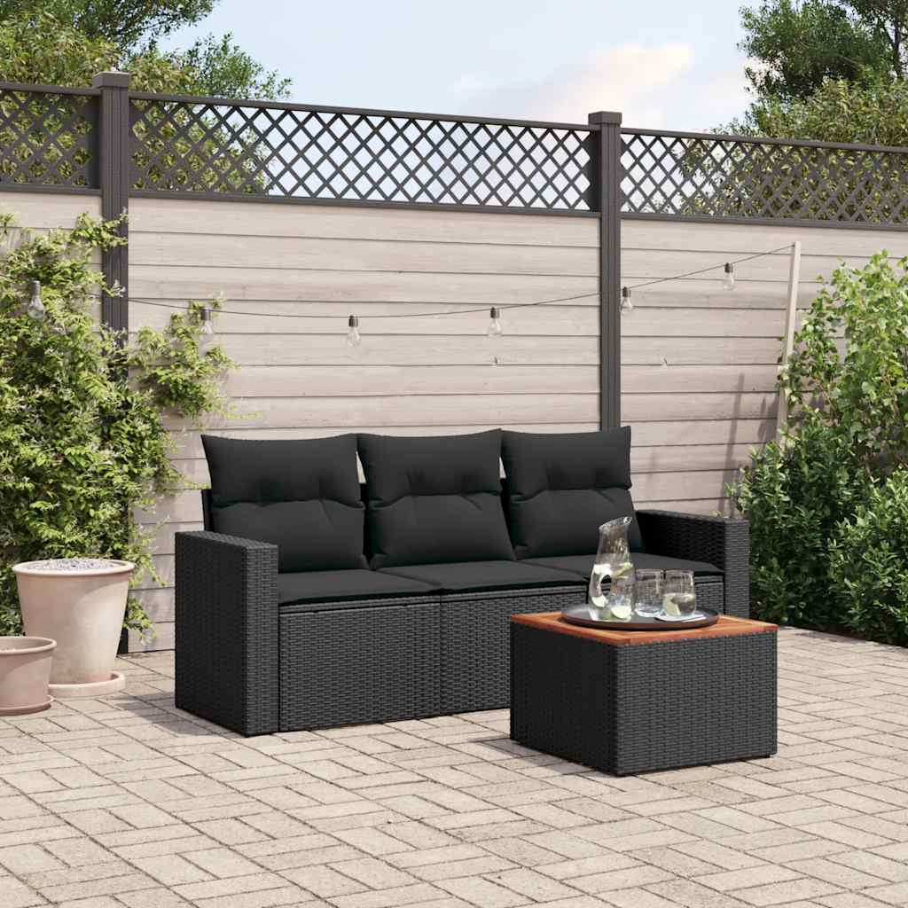 4 Pcs conjunto de sofás para jardim c/ almofadões vime PE preto