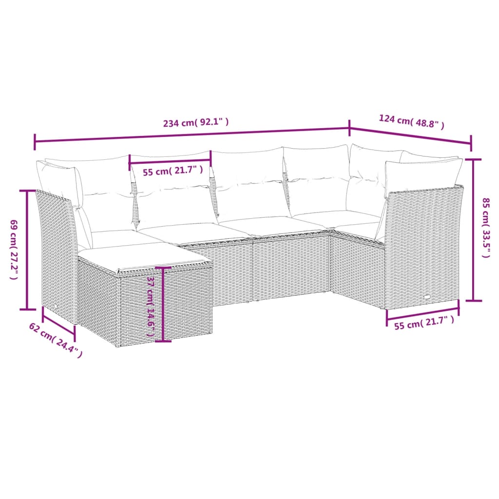 6 Pcs conjunto de sofás p/ jardim com almofadões vime PE bege