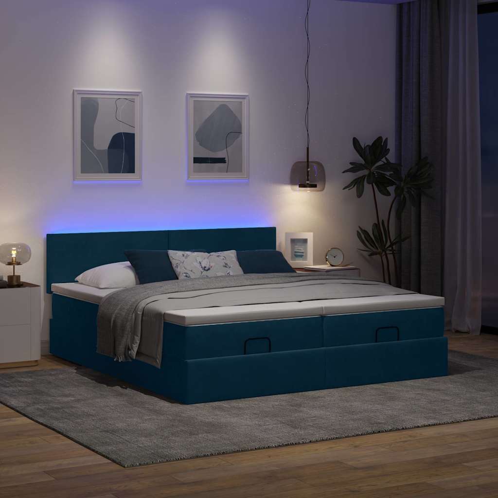 Cama otomana com colchões/leds 200x200 cm veludo azul-escuro