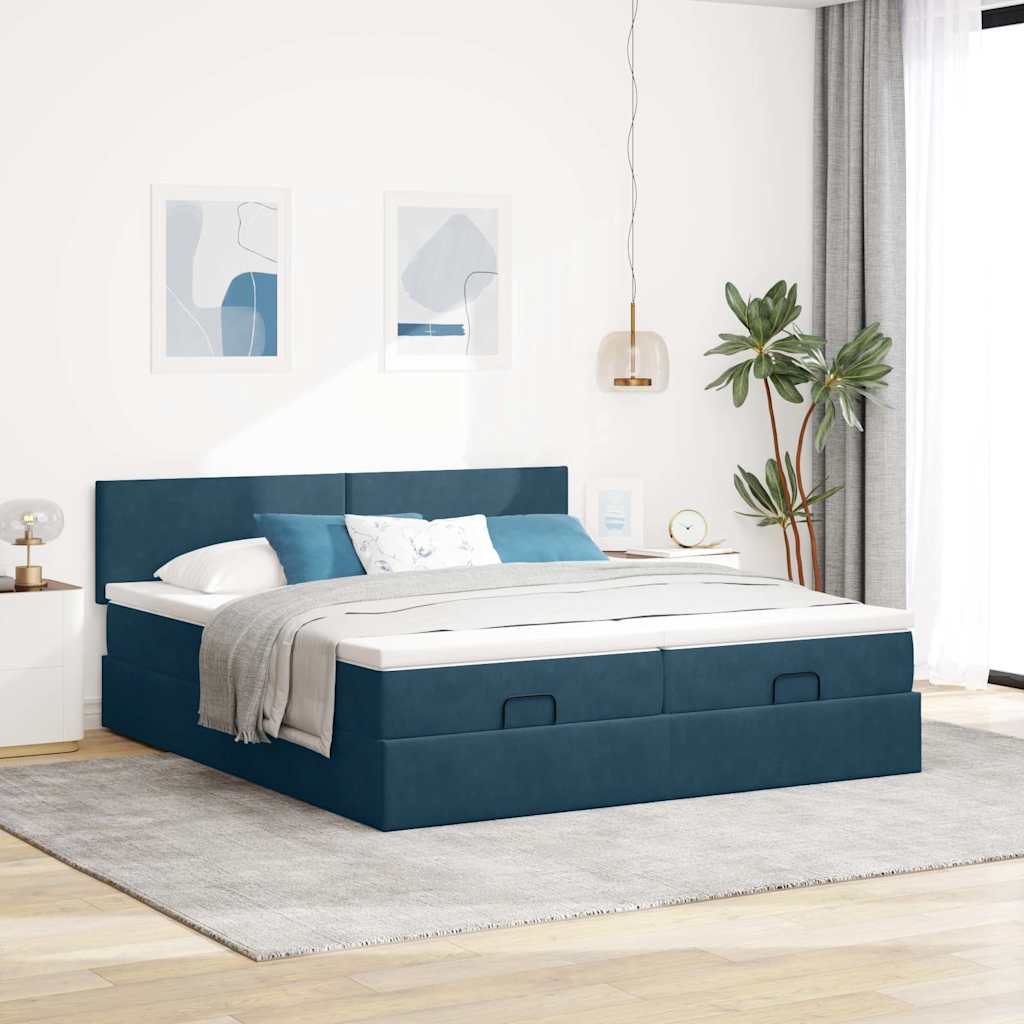 Cama otomana com colchões/leds 200x200 cm veludo azul-escuro