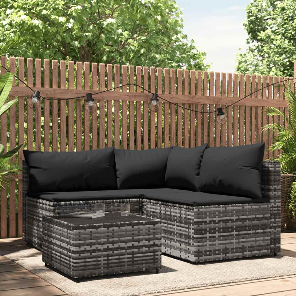 4 Pcs conjunto lounge de jardim c/ almofadões vime PE cinzento