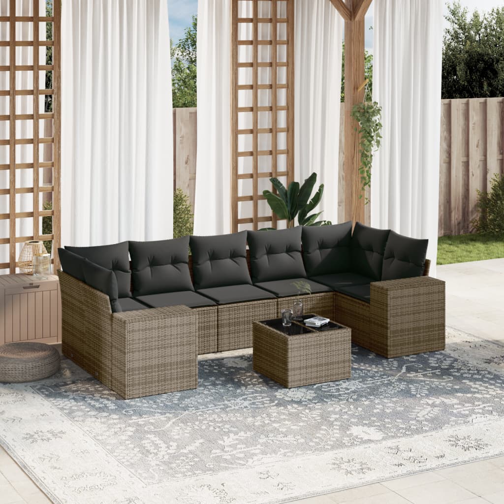 8 Pcs conjunto sofás de jardim c/ almofadões vime PE cinzento