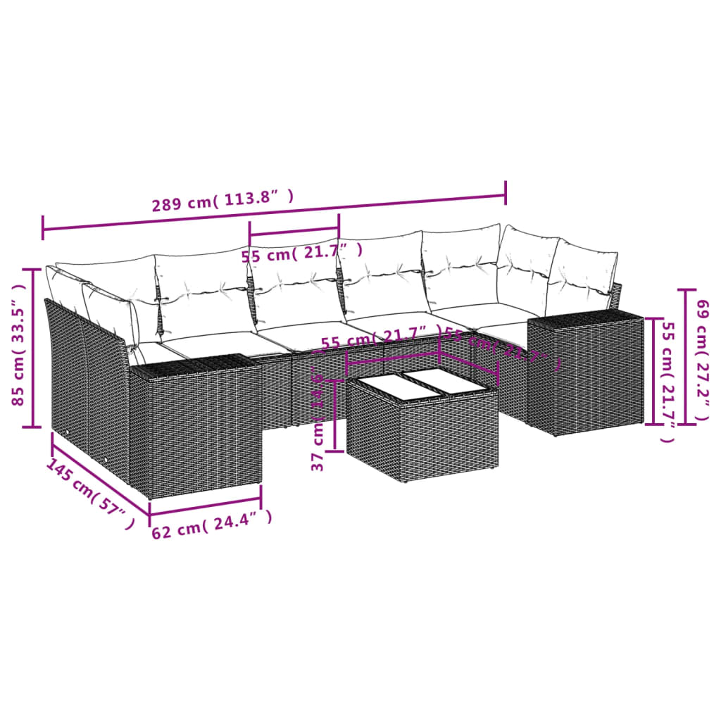 8 Pcs conjunto sofás de jardim c/ almofadões vime PE cinzento