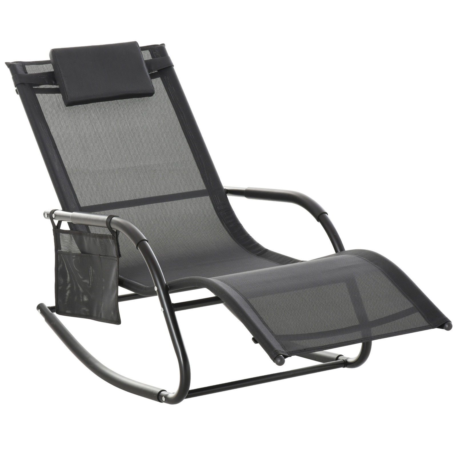 Espreguiçadeira baloiço de exterior com apoio de cabeça acolchoado e bolso lateral 150x62x88 cm preto